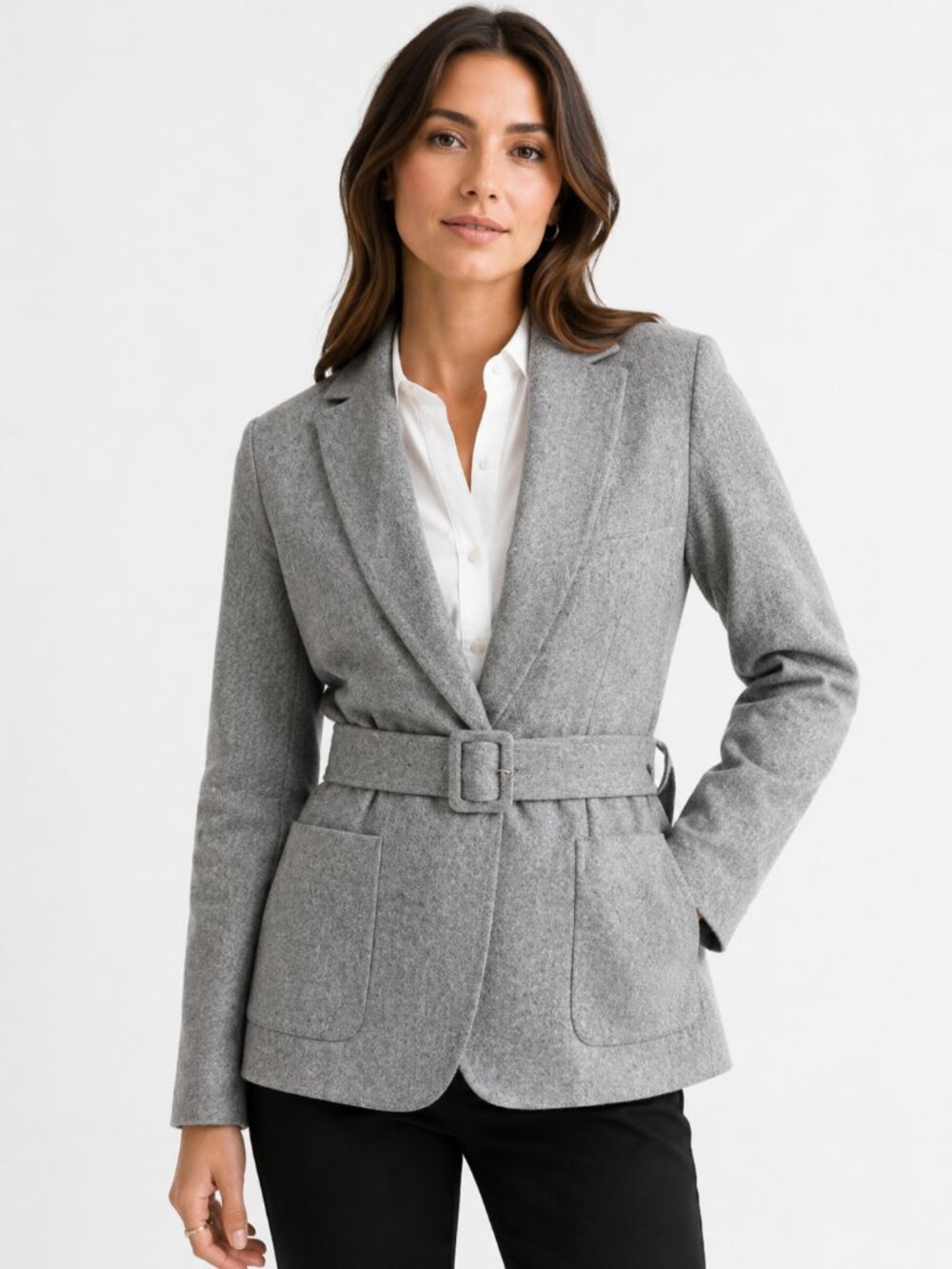 NWOT HARMONY PARIS GREY 100% WOOL BELTED SINGLE BUTTON CLOSURE BLAZER